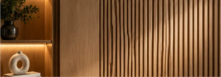 Slatted timber wall panelling with lit display shelf