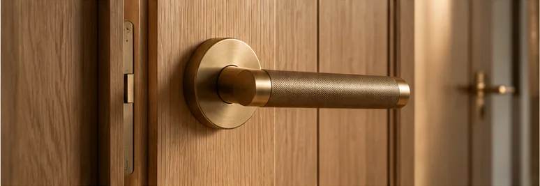 Solid brass door handle on an oak door