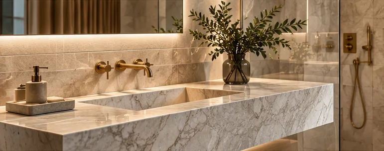 Marble bathroom vanity with brass taps and mirror