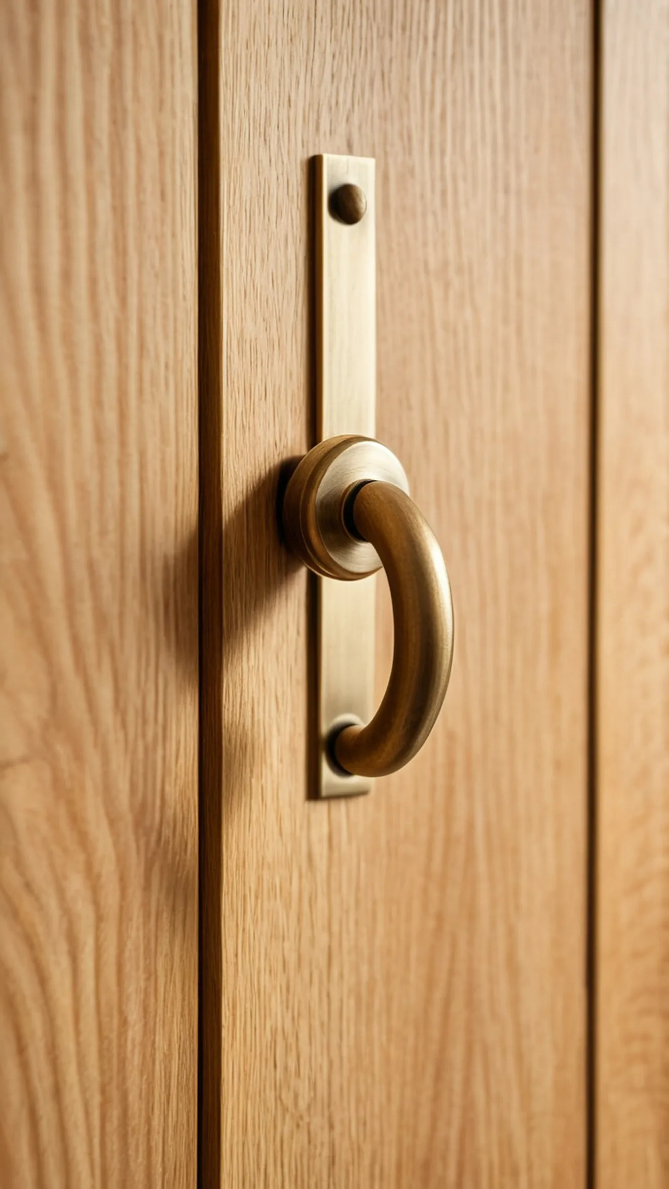 Solid brass handle detail on oak cabinetry
