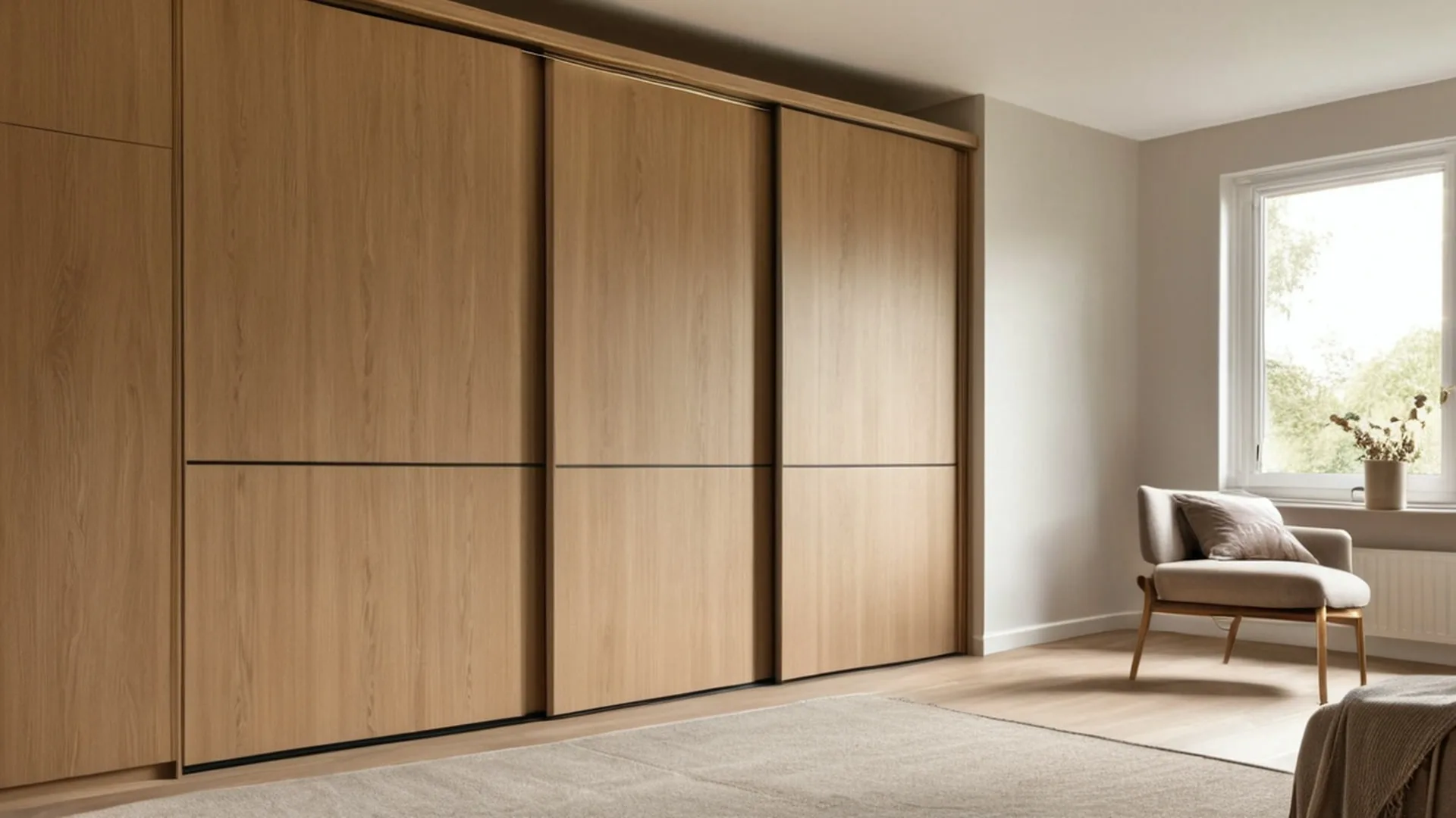 Fitted wardrobe joinery in oak with warm lighting