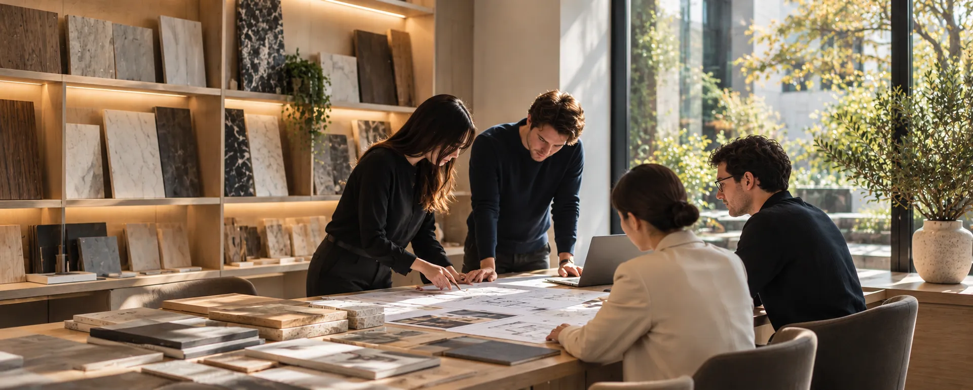West Universe team reviewing drawings and material samples
