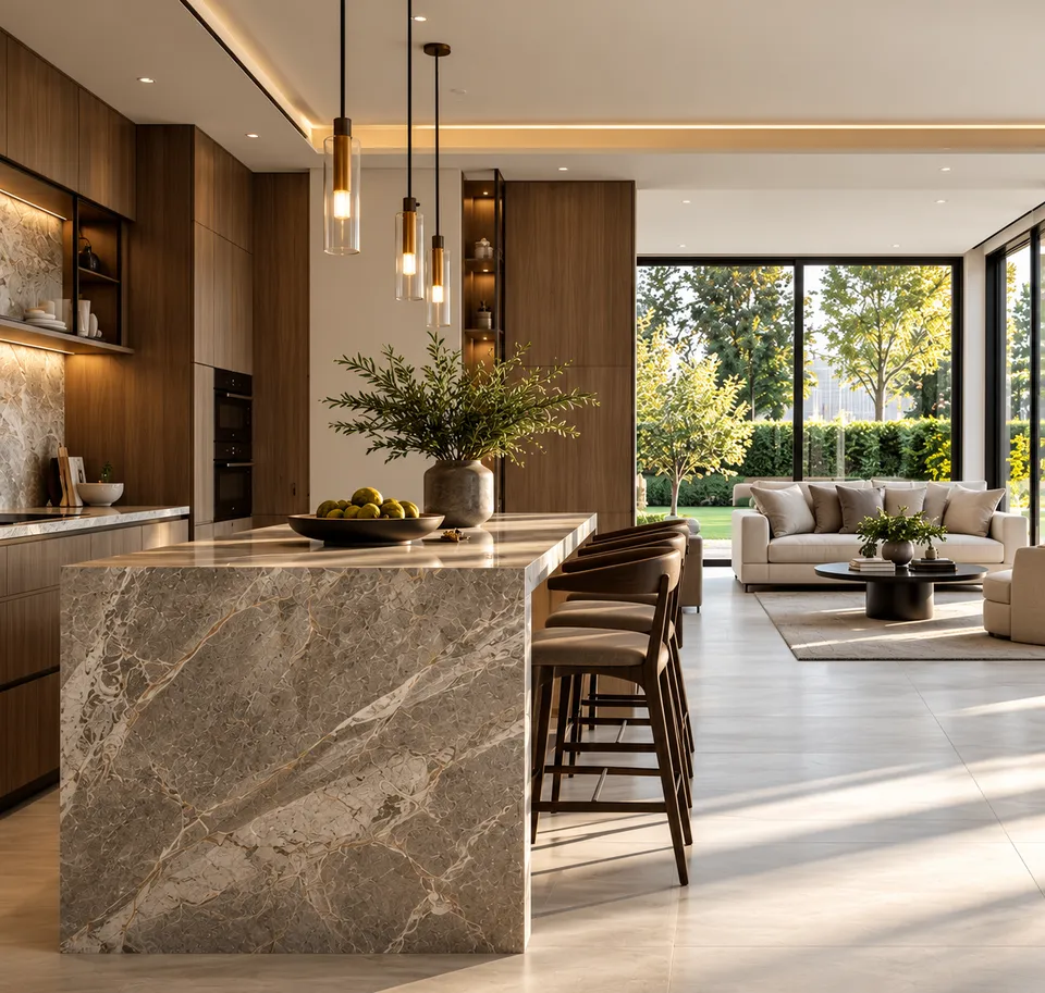 Marble island kitchen with bespoke timber cabinetry
