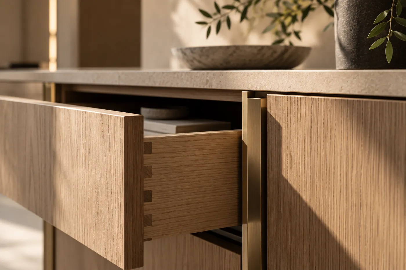 Dovetail drawer joint and brass detail craftsmanship