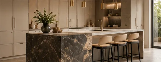 Kitchen island with dark marble base, beige cabinetry and bar stools
