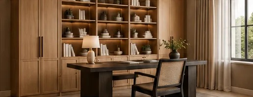 Home office with integrated timber shelving, wardrobe joinery and desk