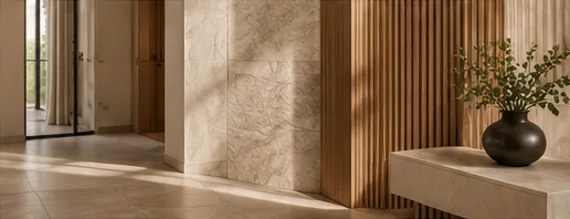 Hallway with stone-look wall panels, slatted timber detailing and vase