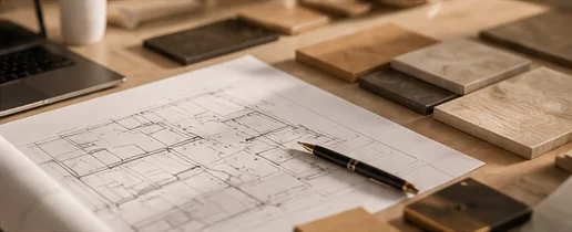 Floor plans with pen, laptop and material samples on a desk